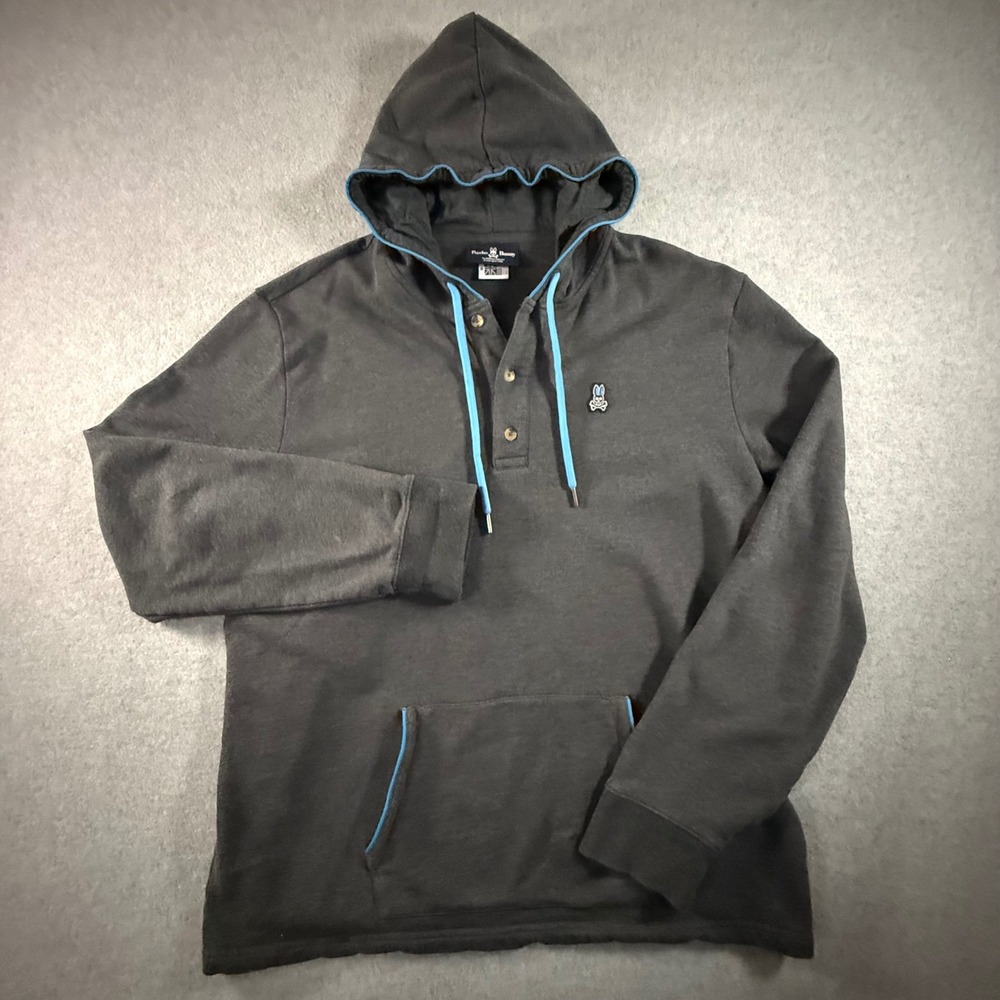 Psycho Bunny Mens Henley Hoodie Charcoal Grey Blue Trim Size 8 XXL Pullover